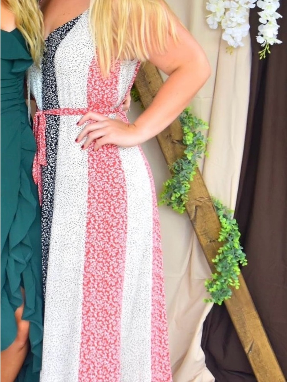 Skies Are Blue Red, White & Black Striped Floral Maxi Dress
